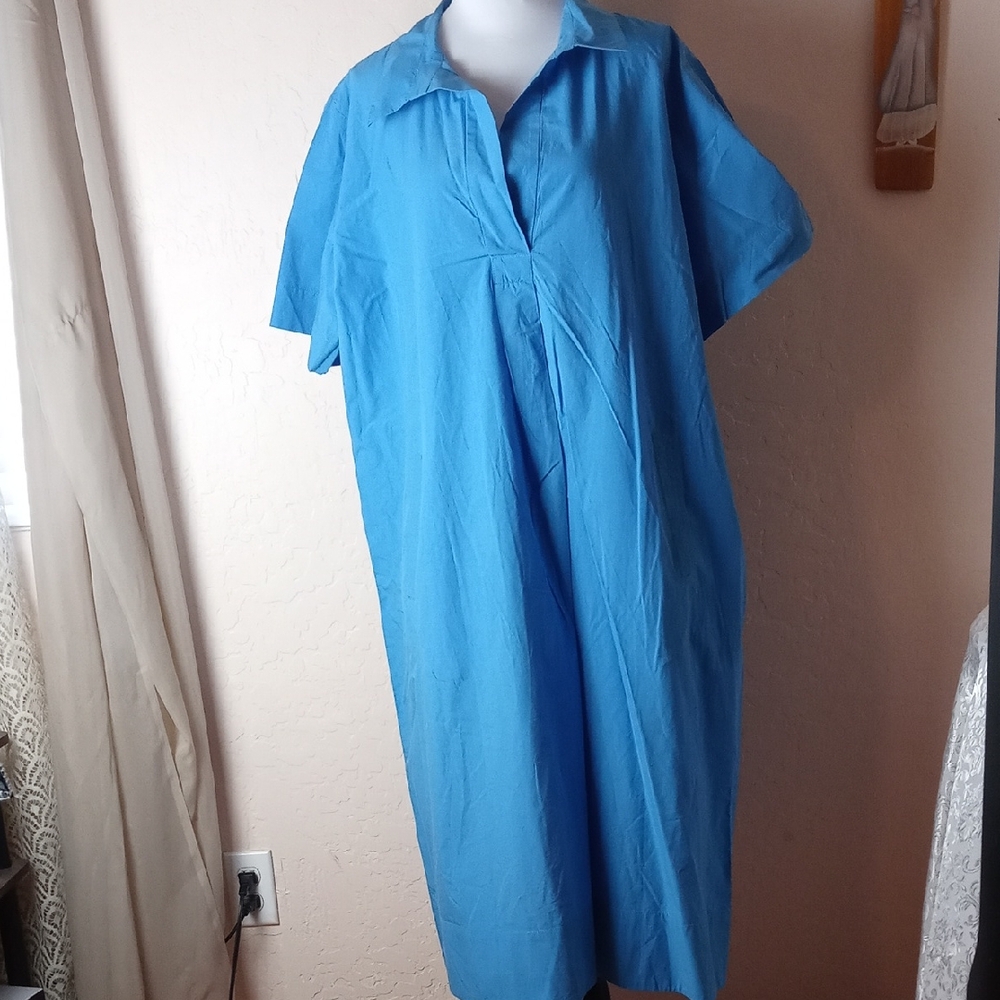 Eileen Fisher COTTON Bright Blue Midi Shirt Dress. A Line